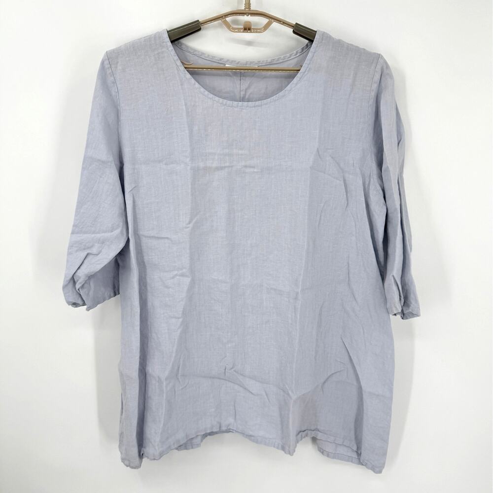 Bryn Walker 100% Linen Tunic Top Boxy Oversize 3/4 Sleeves Light Blue Large